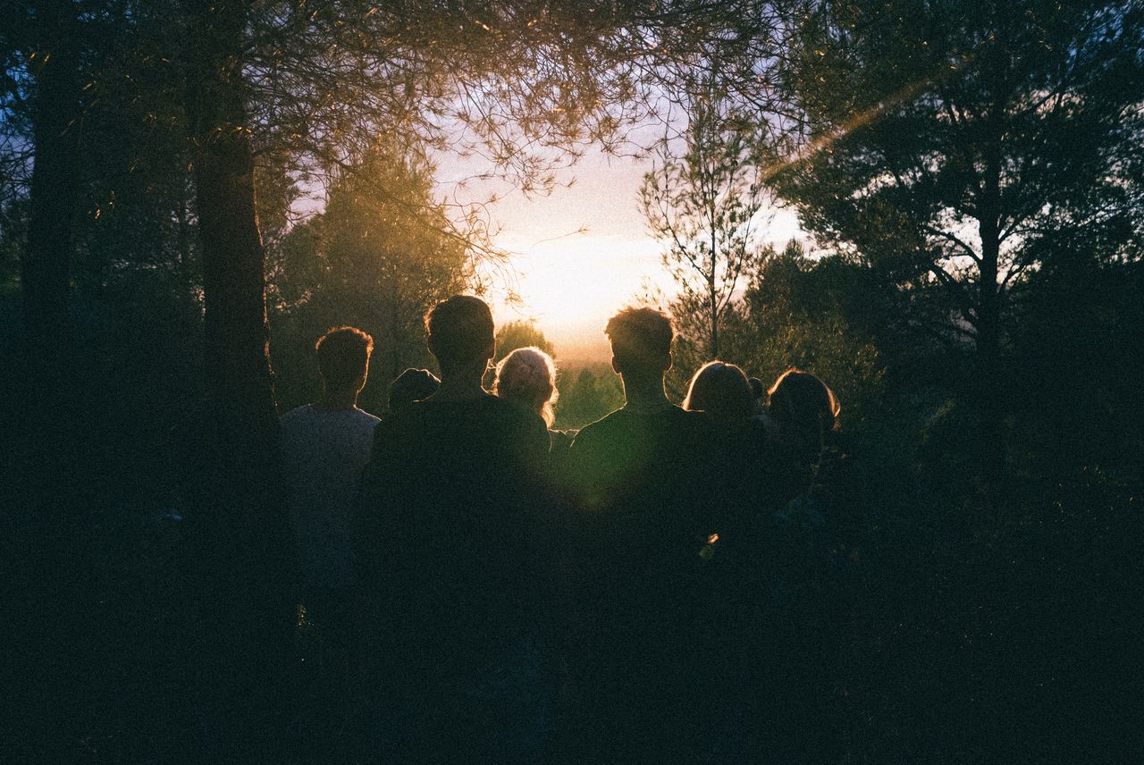 Blog A group of friends enjoying a scenic sunset in a forest, capturing a moment of togetherness.